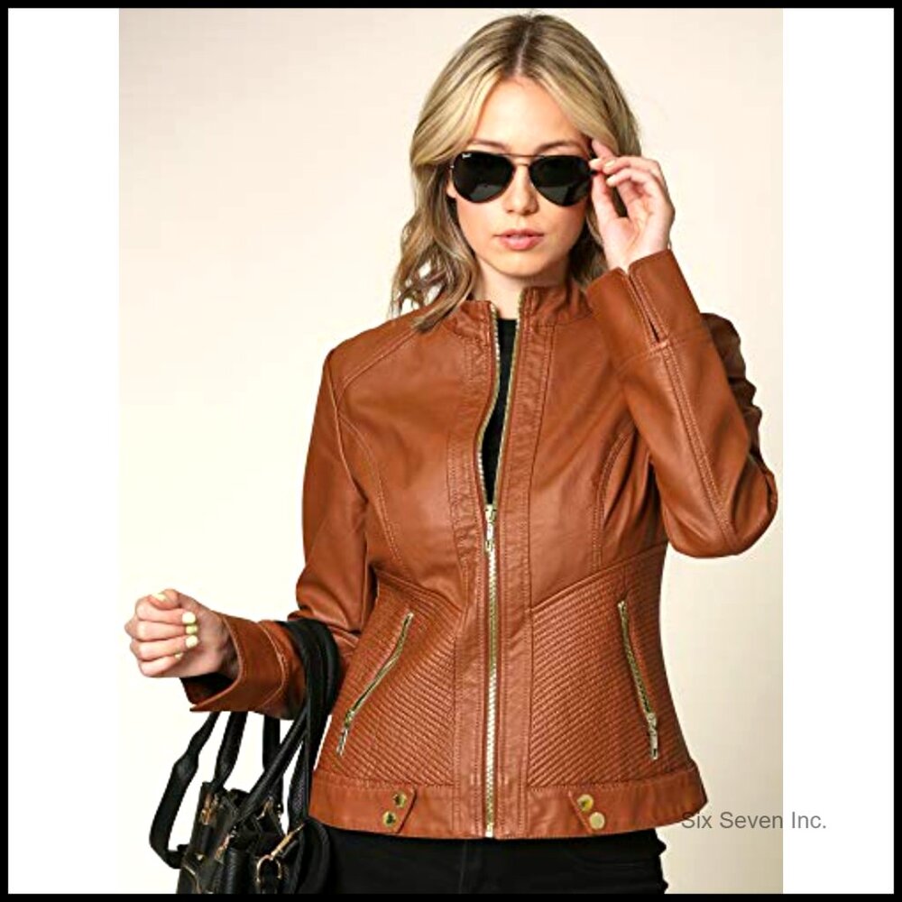 Slim Fit Vegan Leather Moto Jacket Women's Faux Leather Biker Coat - Picture 3 of 7